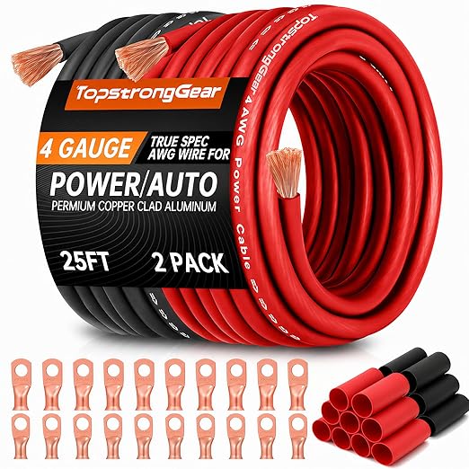 TOPSTRONGGEAR 4 Gauge Wire for Automotive Power Ground, Car Audio, Car Amplifier, RV, Amp, CCA Automotive Wire, Battery Cable, Wiring Kit (25FT Each Black/Red with 20PCS Lugs, 20 Heat Shrink Wrap)