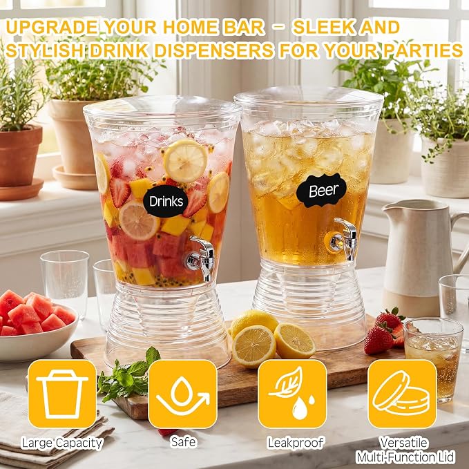 Nuenen 2 Sets of 2.6 Gallon Beverage Dispensers for Parties, Clear Plastic Drink Juice Dispensers with Spigot and Drip Tray Beverage Water Fountains for Wedding Birthday Party Cold Hot Drinks