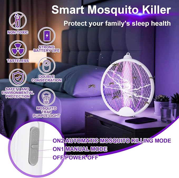 Qualirey 4 Pcs Electric Fly Swatter Bug Zapper Racket 2 in 1 USB Rechargeable Mosquito Racket 3000v High Powered Mosquito Killer for Indoor Outdoor Home Bedroom Kitchen Patio Office Insect (Foldable)