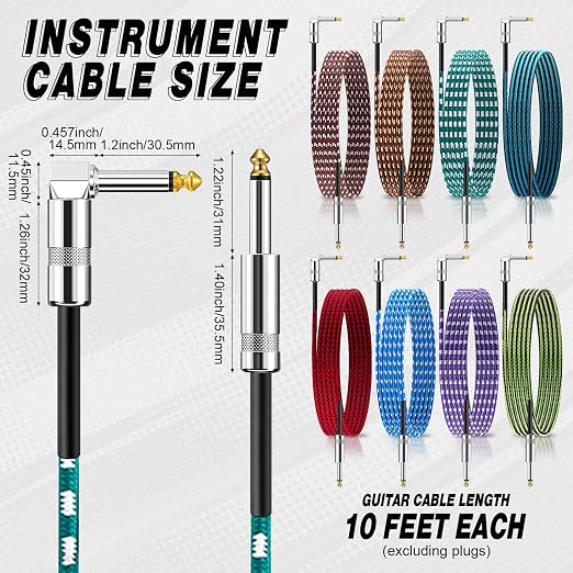 Rigibright 8 Pack 10FT Instrument Cable - Guitar, Bass, Keyboard, Microphone & Mixer Amp Cord (8, Multicolored-Series B)