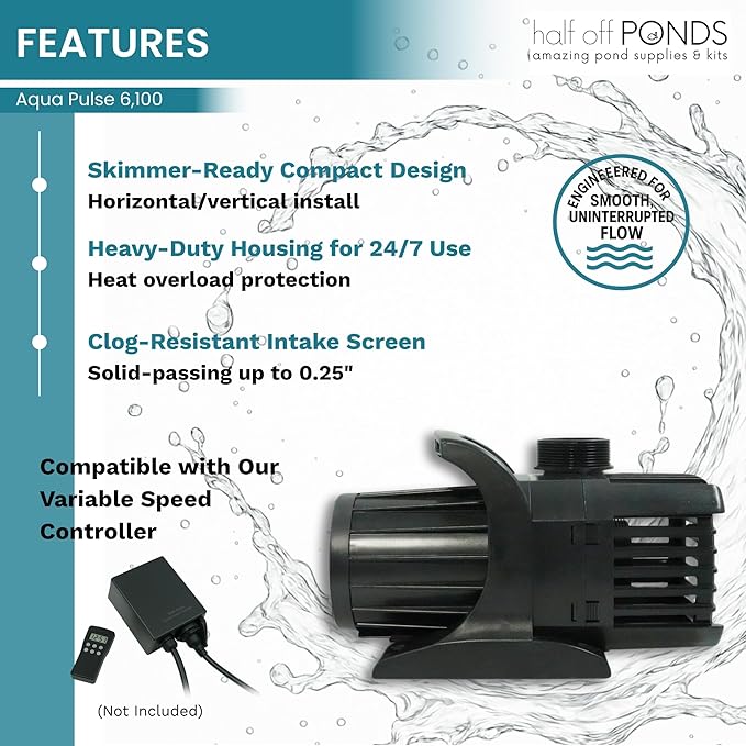 Aqua Pulse Submersible Pond Pump, 6,100 GPH, 100 ft Cord | 24 ft max head, 354W energy efficient, Ultra quiet, For koi ponds, Waterfalls, Fountains