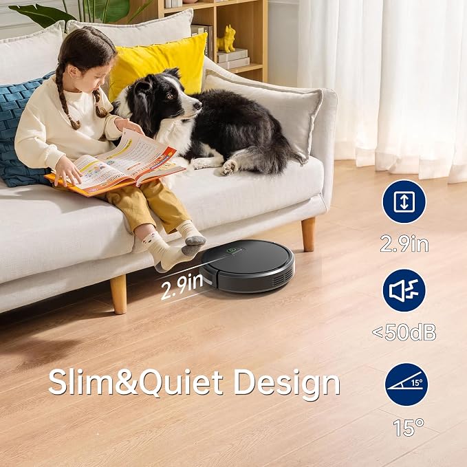 Robot Vacuum Cleaner, 2900Pa Suction Tangle-Free Robotic Vacuums, 120Mins Max, Slim, Infrared Anti-Collision Auto Recharge Robotic Vac, Quiet Remote Control for Hardwood Tile, Ideal for Pet Hair Dust