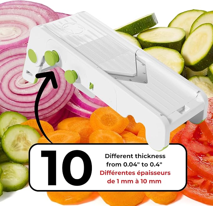 Starfrit Cubing Pro Mandoline Slicer, Dicer - 4 Blades & Graters with Storage Box - Straight & Crinkle V-Blades, Fine & Coarse Graters - 10 Thickness Settings, 3 Julienne Sizes - Self-Feeding Pusher