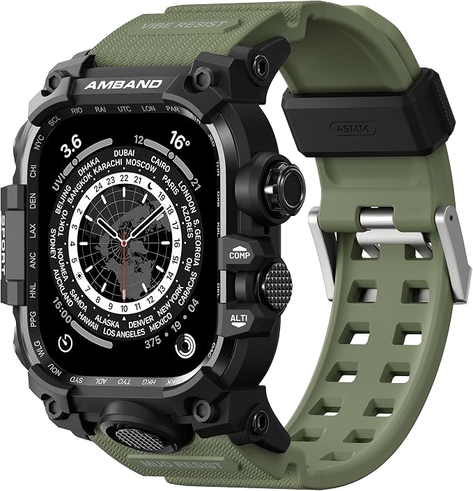 amBand Rugged Case with Band for Apple Watch 45mm, Compatible with Apple Watch (iWatch) Series 9/8/7, Military Grade Shockproof Bumper Cover, Tactical Band for Men, Army Green