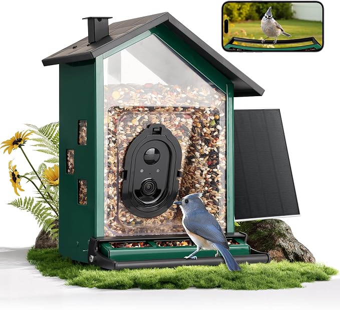 TT Nature Bird Feeder with Camera, Smart Bird Feeder with Heavy-Duty Chew-Proof Metal Casing, Solar Powered, AI Identify & Instant Notifications, 3.2L Large Capacity, Ideal Gift for Mother‘s Day