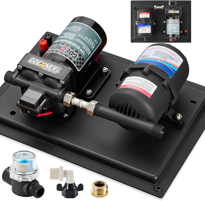 [Upgraded Version] RV Fresh Water Pump with 0.75L 125PSI Pre-Pressurized Accumulator Tank, 12V DC Water Pump, 6GPM 70PSI Self-Priming Diaphragm Pump with Pressure Switch and Strainer