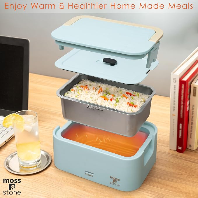 Moss & Stone Black Electric Lunch Box Food Heater for Adults, 80W Portable Warmer for Work with 0.9L 304 Stainless Steel Container, 120V Green Heated Lunch Box Suitable for Dorms/Work/Gift