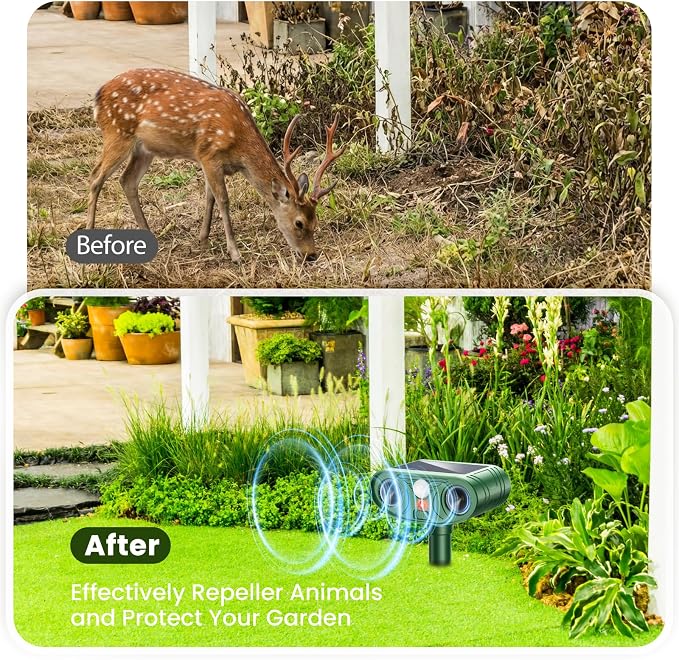 2026 Upgraded Ultrasonic Solar Animal Repellent Outdoor, Deer Repellent Devices Squirrel Cat Raccoon Rabbit Dog Deterrent with Motion Sensor for Yard Garden Lawn