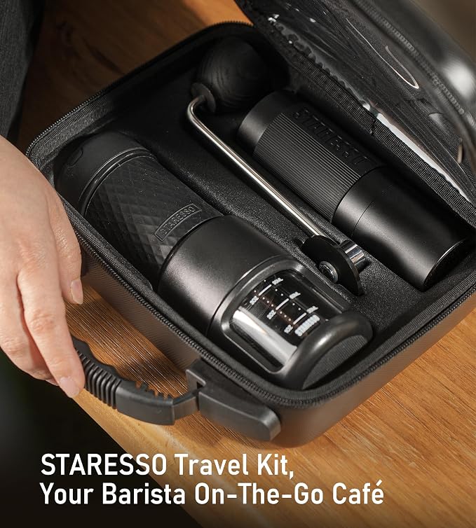 STARESSO 2026 Travel Kit, Portable Espresso Maker & Grinder Set, Dual Use for Ground Coffee & Pods, No Power Needed, Travel Case for Camping Hiking