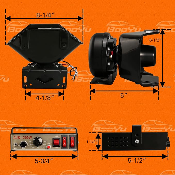 12V 200W 9 Tones Police Warning Emergency Siren PA System [180° Design Speaker][125-135dB][Handheld Microphone][Hands-Free][2 x 10A Switches] for Firefighter Ambulance Vehicles Truck SUV ATV UTV