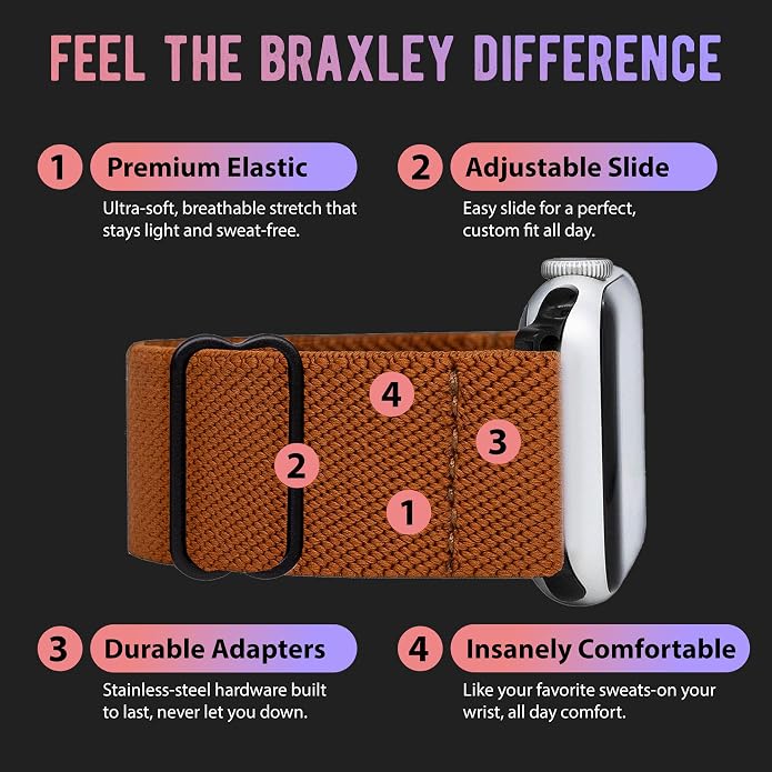 Braxley Bands for Apple Watches - Stretchy and Washable - Adjustable with Apple Watch Bands for Women & Men - Compatible with Apple Watch Series SE Ultra 9 8 7 6 5 4 3 2 1