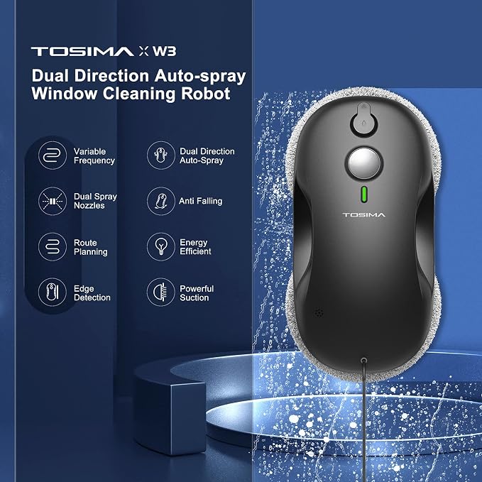 Tosima W3 Window Cleaning Robot - Dual Direction Auto-Spray Smart Window Cleaner with Triple Safety System, Smart Navigation, Remote Control, for All Smooth Surfaces, with 12 Rags, Black