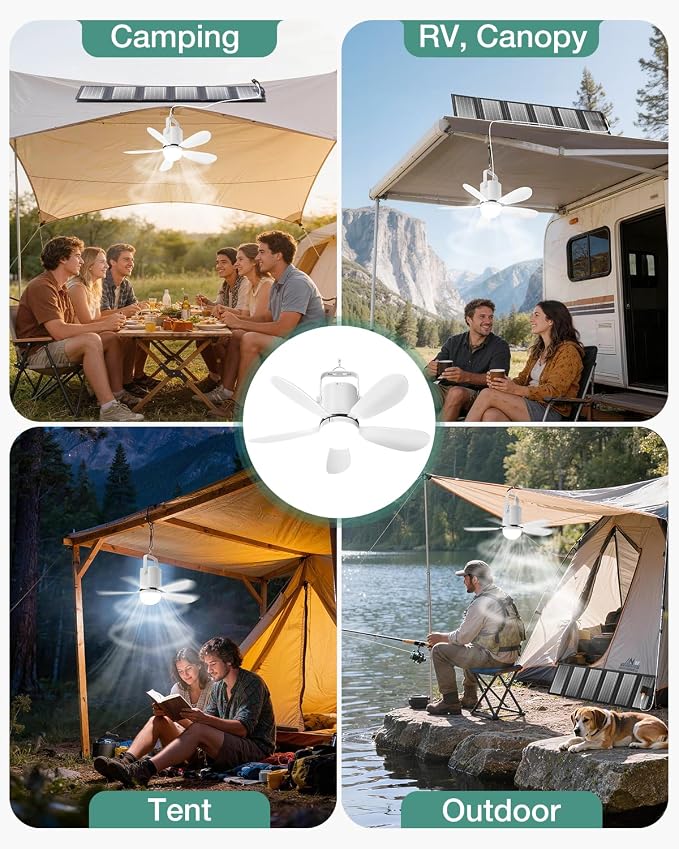 21” Solar Ceiling Fan Light, Battery Operated Camping Fan with Remote Contorl & 30W Portable Foldable Solar Panel, Rechargeable Gazebo Fan Light Outside for Tent Canopy Pergola Travel