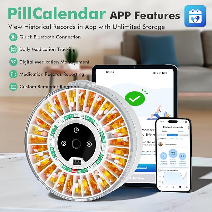 PillCalendar Bluetooth Automatic Pill Dispenser for Elderly with Alarm, Smart Pill Dispenser with 31-Slot, Fingerprint& Mechanical Dual Lock Medication Dispenser, Timed Dispenser Machine (Green)