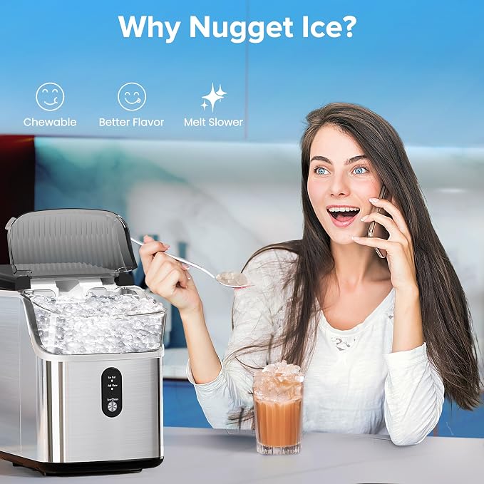 Electactic Nugget Ice Makers Countertop, 34lbs/Day Portable Ice Machine with Crushed Ice, Self-Cleaning, One-Click Operation for Home, Kitchen, Office Use (Silver)