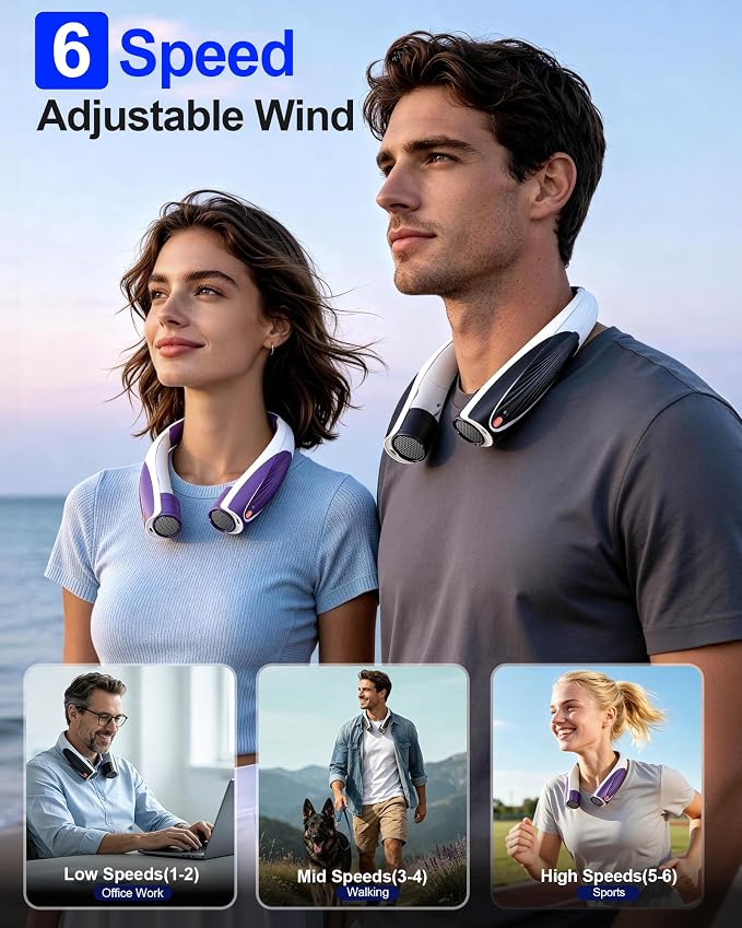 Portable Neck Fan, Max 20H, Rechargeable Personal Fan with 6000mAh Battery, 360° Cooling, 6 Speeds Hands-Free Wearable Fan, Gifts for Men, Women, Travel, World Cup, Outdoor