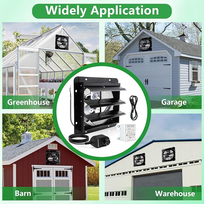 Shutter Exhaust Fan with Thermostat & Speed Control, 970 CFM,1700RPM, Upgrade 12 inch Wall Mount Attic Vent Fan for Chicken Coops, Greenhouse, Gable, Barn, Garage, Shed Ventilator
