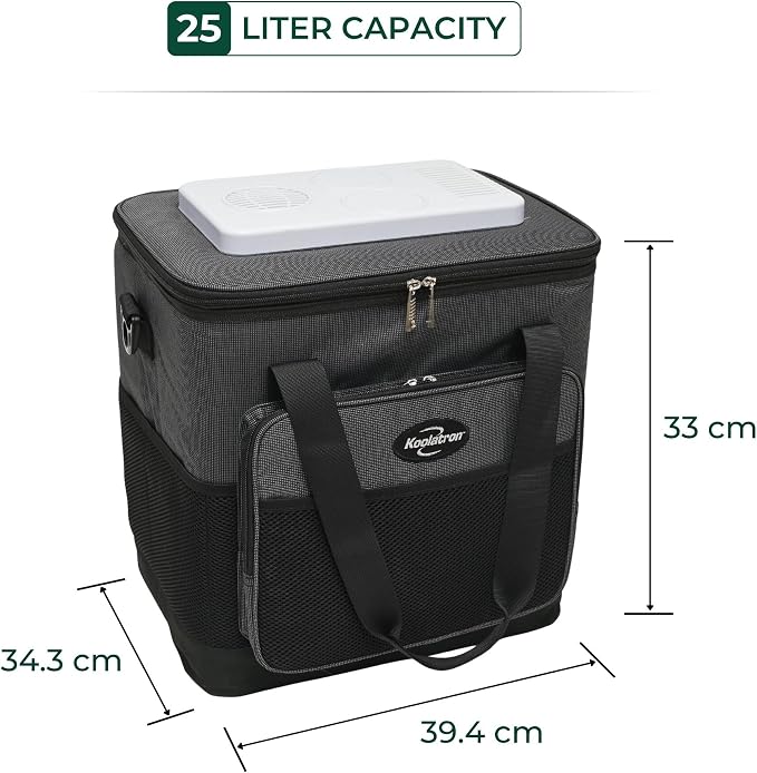 Koolatron Electric Portable Cooler Plug in 12V Car Cooler Bag, 26 qt (25 L) Black/Gray Soft-Sided Portable Car Fridge w/DC Power Cord, Adjustable Shoulder Strap, Cord Storage, Road Trip.