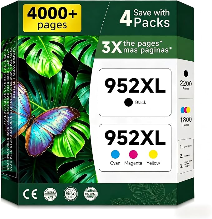 952 XL Black Color Combo 4 Pack(Black/Cyan/Magenta/Yellow) Ink Cartridge Replacement for HP 952XL for OfficeJet Pro 8710 7740 8720 8715 8210 8703 8702 7720 Printers with V26.05.AB8 Chips