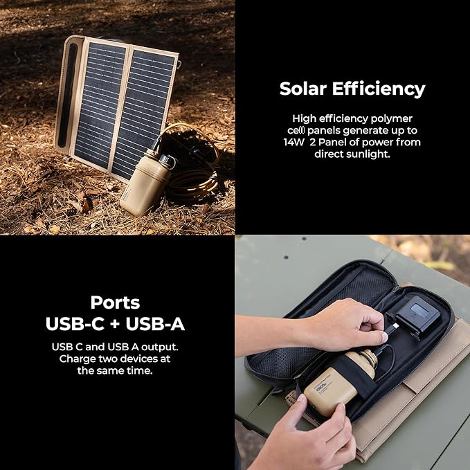 NESTOUT Portable Solar Panel, USB-C and USB-A Ports, 14W Solar Charger for Camping, Water Repellent Ripstop Nylon, Foldable Compact Design, Digital Ammeter, Adjustable Stand, Beige (2 Panel)
