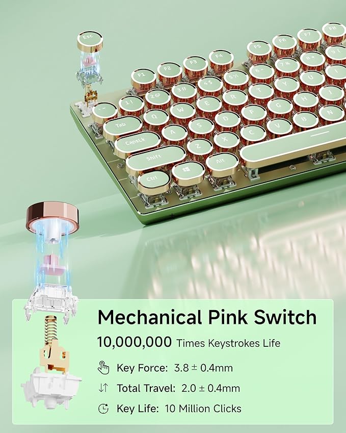 SEUNKWANG Wired Typewriter Keyboard and Mouse Combo, Retro Mechanical Keyboard with Multimedia Knob, White Backlit, Metal Panel, Low Noise Pink Switch Keyboard Mouse Set for PC Laptop - Green