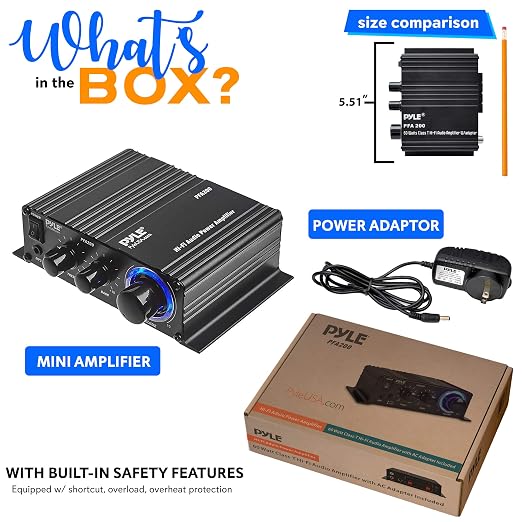 Pyle Home Mini Audio Amplifier-60W Portable DualChannel Surround Sound HiFi StereoReceiver w/ 12V ACAdapter,AUX,MIC IN,Supports Smart Phone,iPhone,iPod,MP3 For 2-8ohm Speakers-Pyle PFA200 (Pack of 12)
