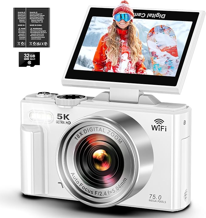 5K Digital Camera - WiFi 75MP Cameras for Photography - UHD Vlogging Camera for YouTube with 3" 180° Flip Screen - Autofocus Compact Video Travel Camara with 18X Zoom, 32GB SD Card, 2 Batteries