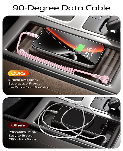 90 Degree Coiled USB C Cable for Car 3FT, 2Pack USB C to USB C Cable 3A Fast Charging, USB C to C Cable for CarPaly/Android Auto,Right Angle Type C Cord for iPhone 17/16/15/Pro Max and More-Pink