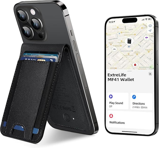 ExtreLife MagSafe Wallet, Work with Apple Find My, Magnetic Phone Wallet Stand for iPhone 17/16/15/14/13/12 Series, 8 Card Holder, RFID Blocking, Rechargeable, Classic Black