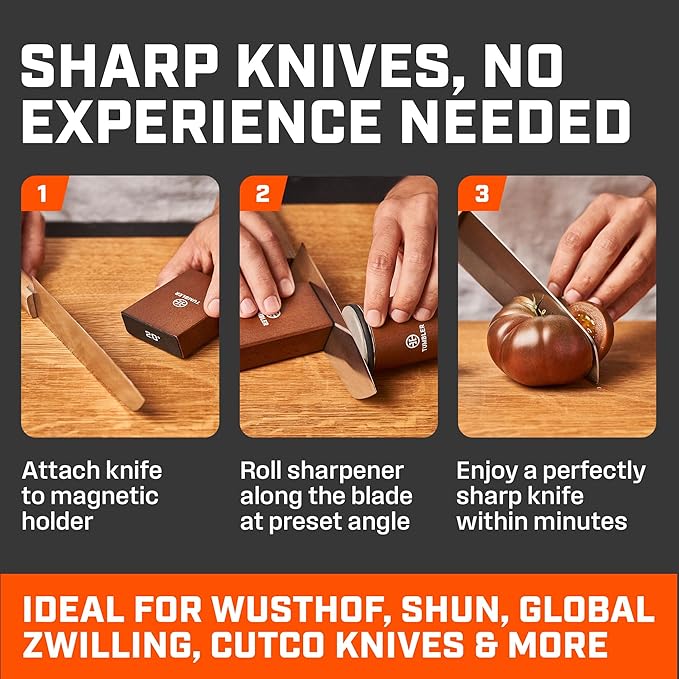 The Original Tumbler Rolling Knife Sharpener™ - Knife Sharpening Made Easy - Rolling Knife Sharpener Tool for Kitchen Knives - Knife Sharpener Kit Offers 15 & 20 Degree Sharpening (Wood)