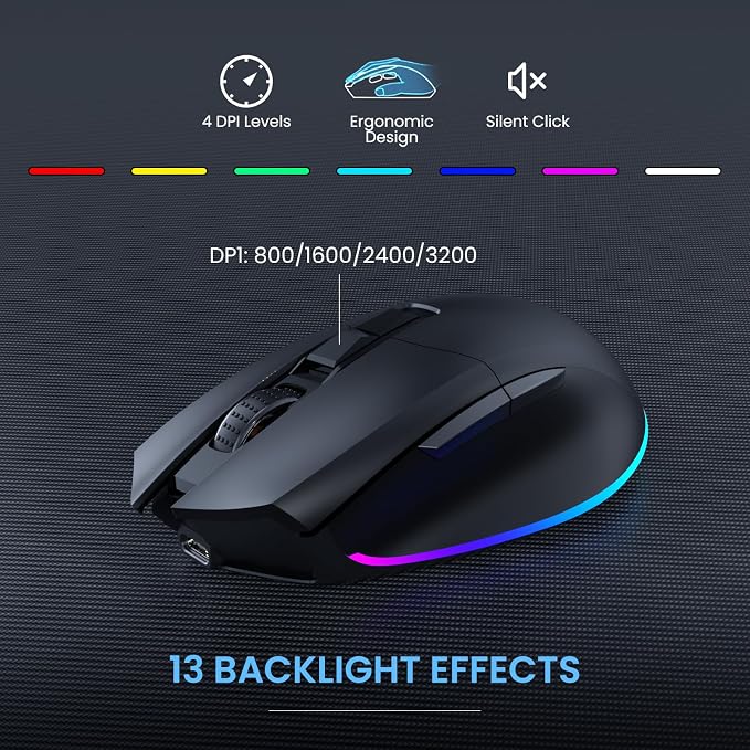 COLIKES Ergonomic Wireless Keyboard and Mouse Silent, Rechargeable Wave Keyboard with 15 Lighting RGB Backlit Effects, Soft Leather Wrist Rest, 3200 DPI Mouse for PC Computer Laptop Windows Mac