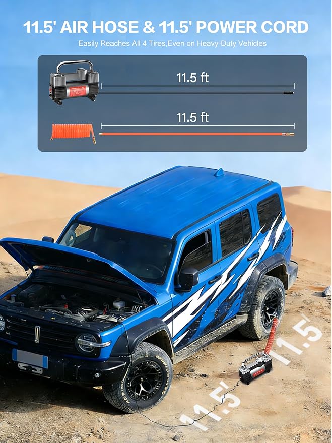 GSPSCN 12V Heavy Duty Tire Inflator Metal Portable Air Compressor Pump | 6X Faster Inflation Double Cylinders 150PSI Air Pump with Adapter for Car, RV,Pickup Truck, SUV, Van,Camper, Air Bed,Ball