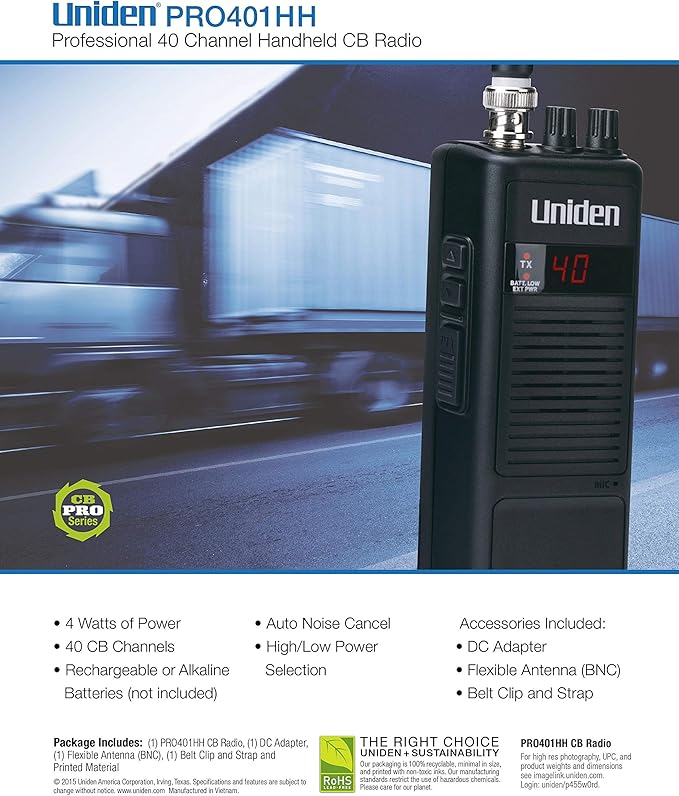 Uniden PRO401HH Professional Series 40 Channel Handheld CB Radio, 4 Watts Power with Hi/Low Power Switch, Auto Noise Cancellation, Belt Clip and Strap Included, 2.75in. x 4.33in. x 8.66in.(Pack of 6)
