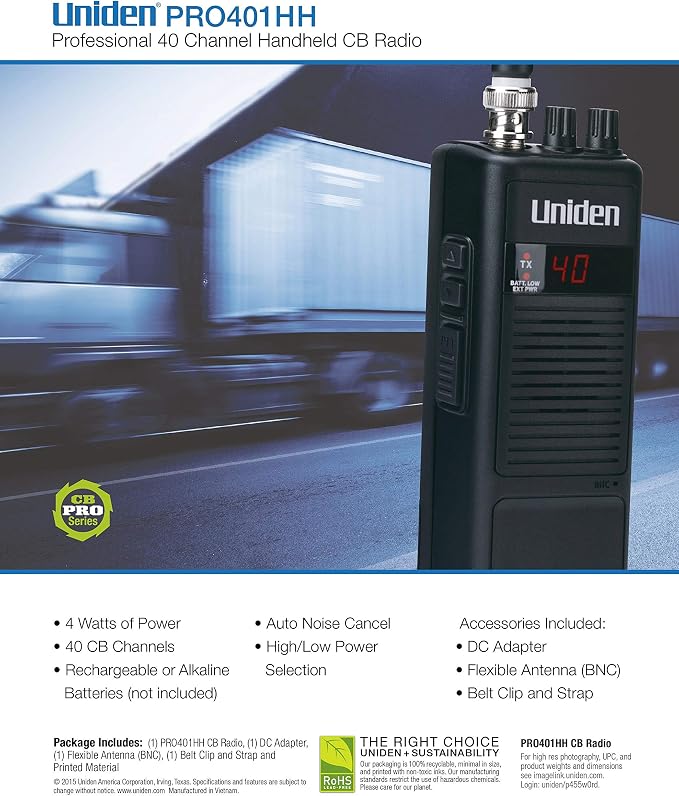 Uniden PRO401HH Professional Series 40 Channel Handheld CB Radio, 4 Watts Power with Hi/Low Power Switch, Auto noise cancellation, Belt Clip And Strap Included, 2.75in. x 4.33in. x 8.66in.