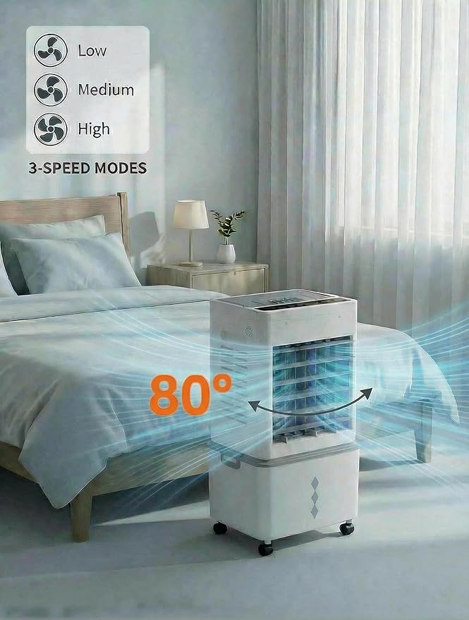 Grelife Evaporative Air Cooler with 10L(2.64 Gal) Large Tank,8 Speeds & 3 Wind Modes, 80° Oscillation,24H Timer,Remote Control,LED Display, Mist & Humidifier Function for Home Office Bedroom white