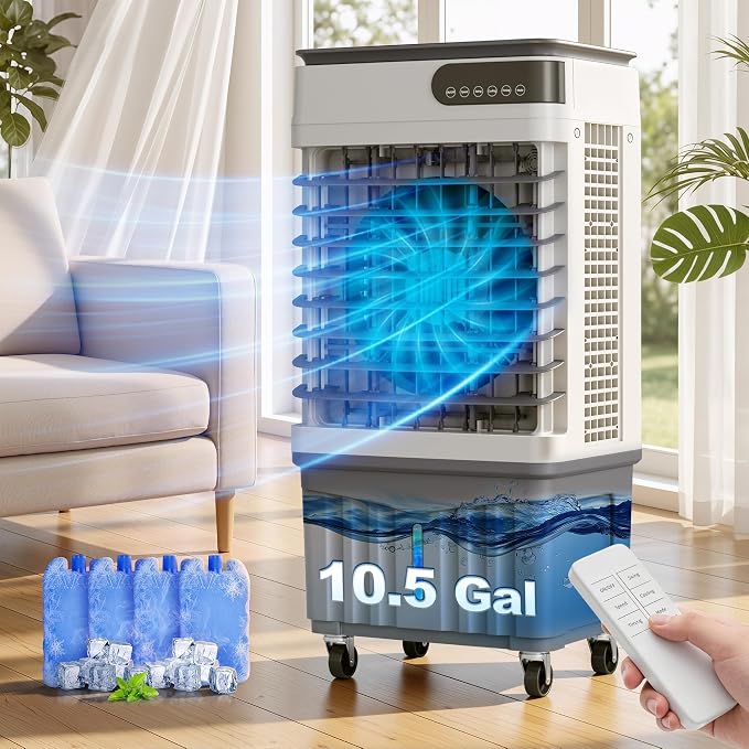 3200CFM Swamp Cooler, 4-IN-1 Evaporative Air Conditioners With 10.5 Gal Water Tank, 4 Ice Packs, Remote, 12H Timer, 120°Oscillation, 36”Portable Cooling Fan with 3 Modes&Speeds for Indoor Room（4）