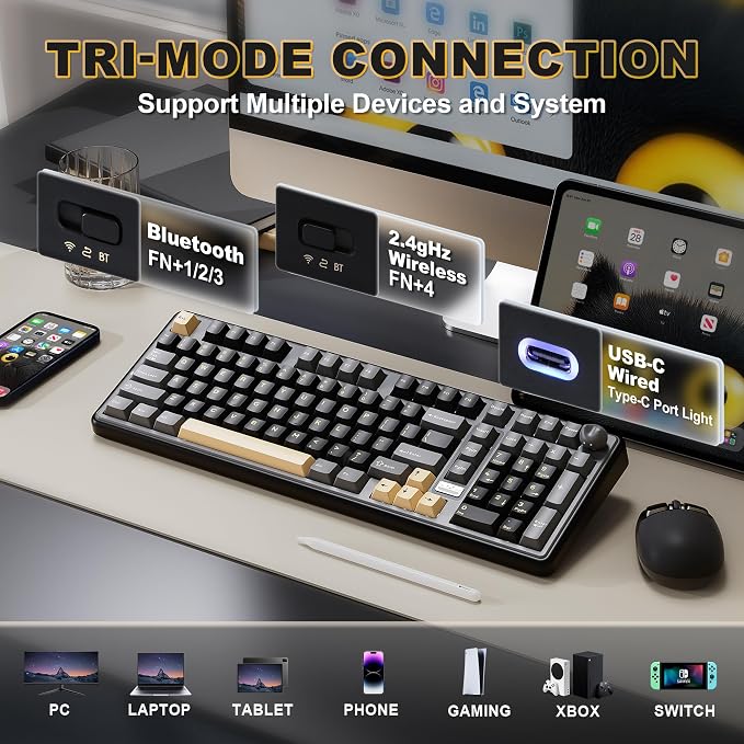 YUNZII B98 PRO QMK/VIA Wireless Mechanical Gaming Keyboard,96% Layout with Numpad and Cute Cat Knob, BT/2.4G/USB-C,Linear Switch Hot Swap Gasket,RGB for Win/Mac (Black, Candy Linear Switch)