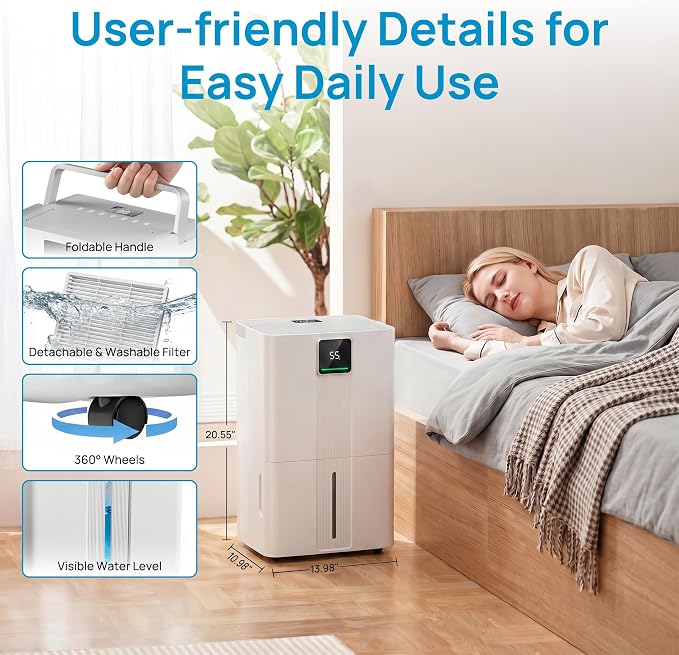 Uthfy 100 Pint Dehumidifier for Home & Basement, 6000sq.ft Dehumidifier with Drain Hose, Detachable Water Tank, Smart Humidity Control, Dual LED Display, Wheels & Handle for Large Room, Off White
