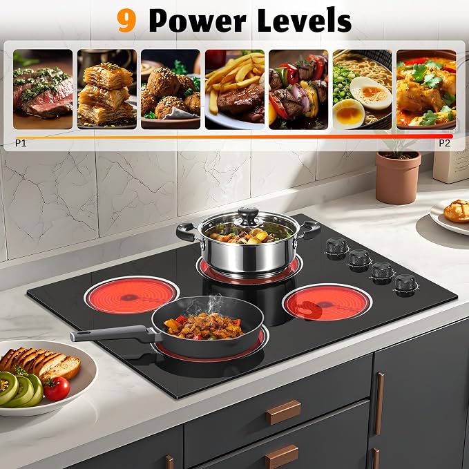 4 Burners Electric Stove Top with Knob Control,24 Inch,6000W Built-in Radiant Electric Cooktop, 9 Power Levels, Hot Warning, 220V Hard Wire(No Plug)