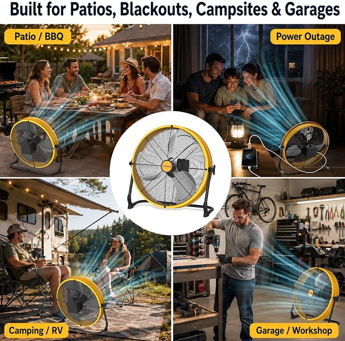 T-SUNUS 16" Battery Powered Floor Fan, 15600mAh Rechargeable Cordless Fan 2500 CFM High Velocity Airflow, Quiet Brushless Motor, 360° Adjustable Tilt for Home Garage Outdoor Patio RV Emergency Camping