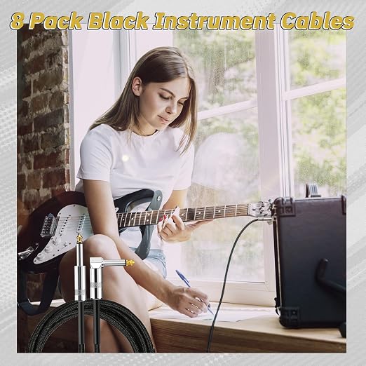 Rigibright 8 Pack 10FT Instrument Cable - Guitar, Bass, Keyboard, Microphone & Mixer Amp Cord (8,Black, 10 Feet)