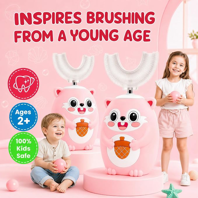 Kids U-Shaped Automatic Electric Toothbrush, Children’s 360° Mouthpiece Design for Full-Mouth Cleaning, 3 Cleaning Modes, Cute Animal Squirrel Style