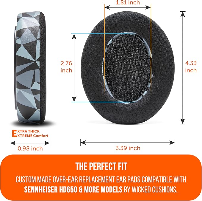 WC Freeze HD6XX - Cooling Gel Earpads for Sennheiser HD6XX, HD58X, HD600, HD650, HD660S, HD660S2, HD580, HD565 & More, Made by Wicked Cushions | Extra Comfortable and Cool | Geo Grey