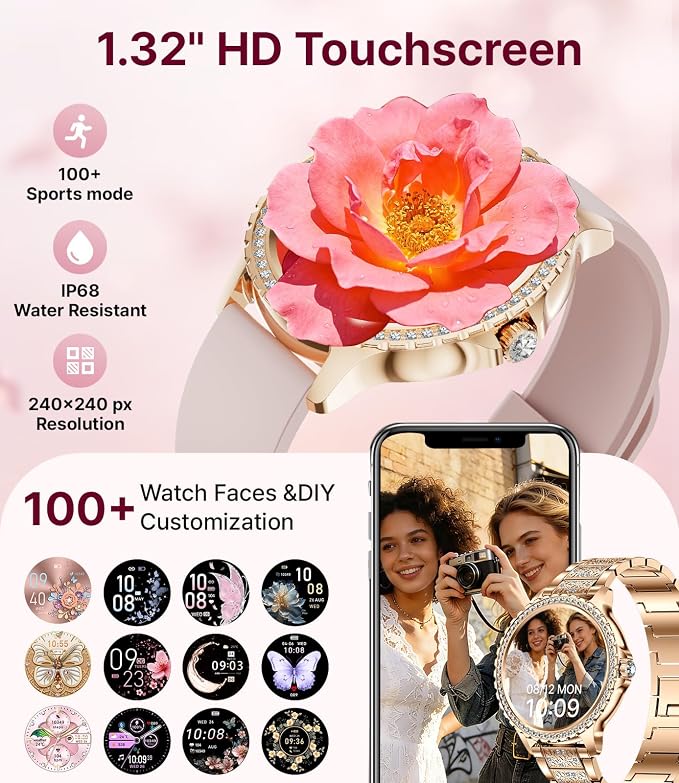 LIGE Smart Watches for Women,1.32" HD Fitness Tracker Watch with Answer/Make Call,AI Voice Control,Heart Rate/Calories/SpO2 Monitor 100+ Sport Modes Ladies Smartwatch for Android iOS 2 Straps Gold