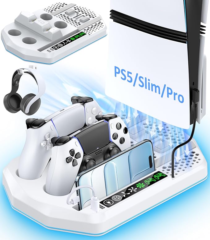 Cooling Station with Controller Charger for PS5/Slim/Pro, PlayStation 5 Vertical Stand for Disc & Digital Console, Dual PS 5 Controller Charging Station with 3 Level Cooling PlayStation 4 Chargers