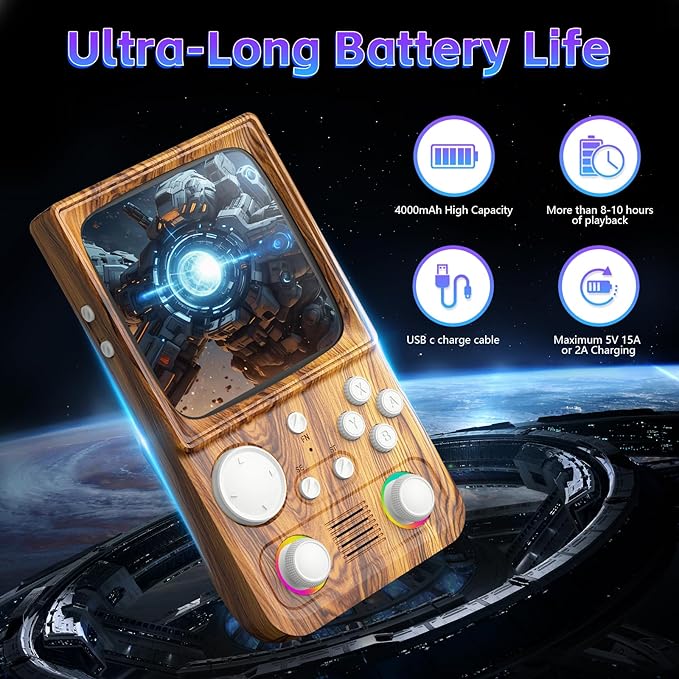 R36TMAX Retro Handheld Game Console, 4 Inch IPS HD Screen Retro Gaming Console,Supports WiFi Networked Fighting and OTG,Compatible with a Large Variety of Classic Games,Built-in 64G,Wood Grain Brown