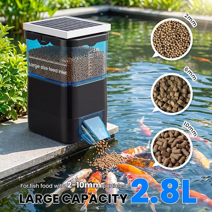 NEWTRY Automatic Pond Fish Feeder, 2.8L Solar Powered Auto Fish Feeder for Pond, Battery & AC Power, Programmable Auto Timer Automatic Dispenser for Vacation, Indoor & Outdoor
