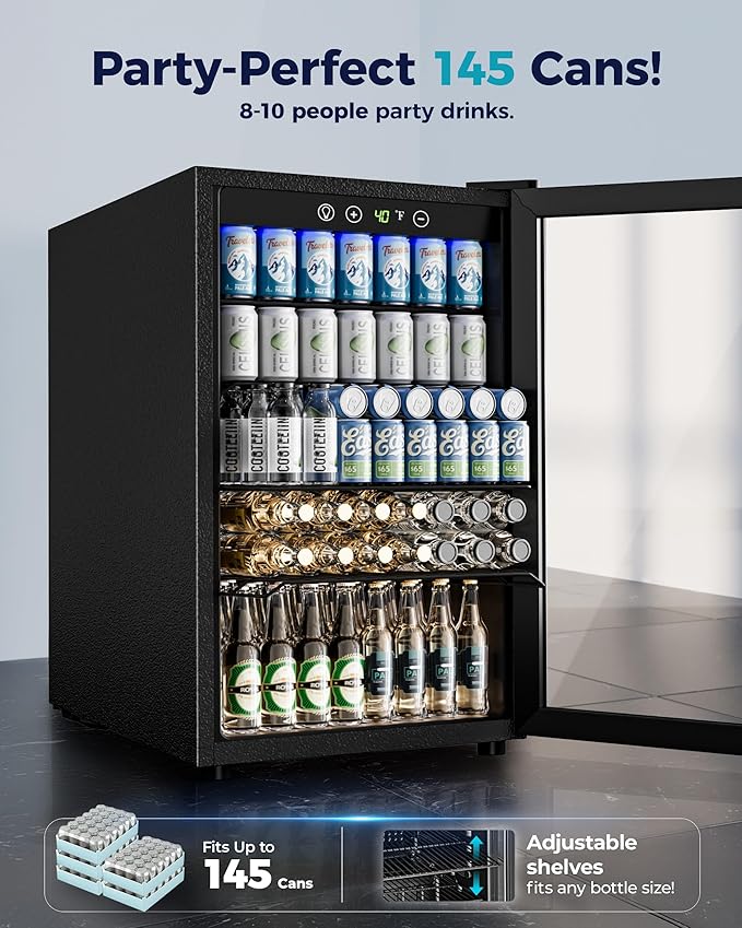 EUHOMY 4.5 Cu.ft Beverage Refrigerator and Cooler, 145 Can Mini fridge with Glass Door for Soda Beer Wine, Small Drink Dispenser with Digital Adjustable Thermostat for Home Office Bar