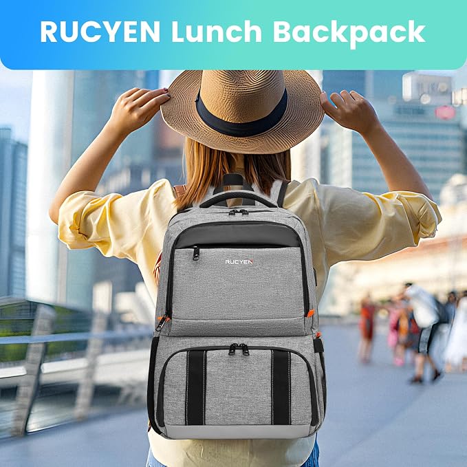 RUCYEN Lunch Backpack, Insulated Cooler Backpack Lunch Box for Men Women, 15.6 Inches RFID Blocking Laptop Backpack with USB Port for Work Travel Picnics Hiking Grey