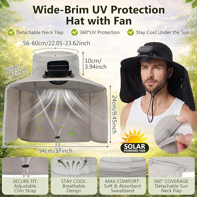 Maiteenly 2 Pcs Solar Fan Hat for Men with Neck Flap Bucket Fan Buit in Hats for Hiking Fishing Outdoor USB and Solar Powered